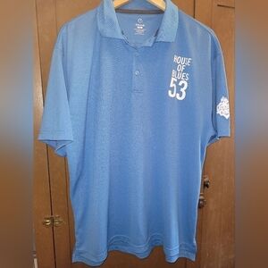 Men's House Of Blues 53 Polo Sz XL Blue W/ Screen Print On Front Back And Sleeve